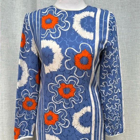 Vintage Long sleeve shift brocade blue orange silk mini dress - Picture 7 of 8